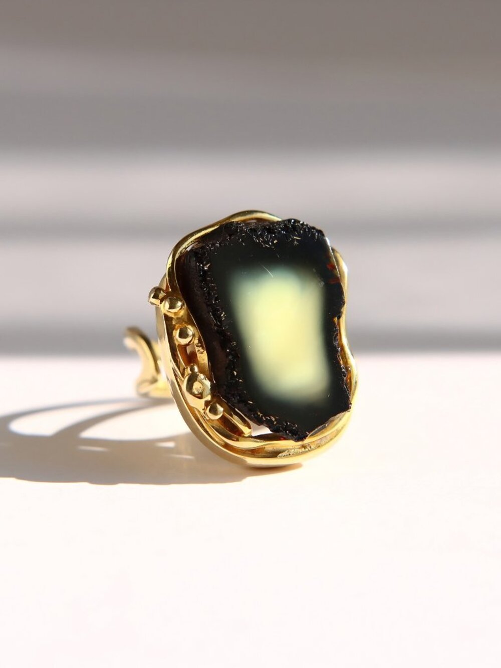 Baltic Black and White Amber Ring in Gold Plated Sterling Silver